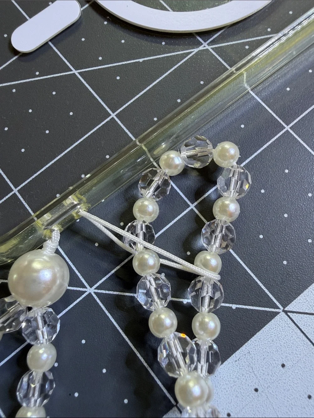 Delicate Faux Pearl and Crystal Beaded Phone Charm - Ivory/Clear